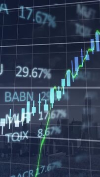Vertical video: Scene opening showing financial overlay over skyline, tickers, bars rising, dipping