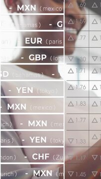 Vertical video: FX list scrolling and showing number grid, pair leaning and smiling for reviewing