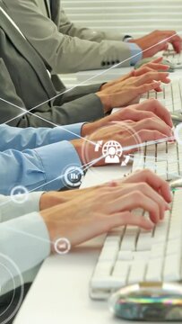 Vertical video: Digital HUD intensifying hands moving onto keys and typing showing network flow