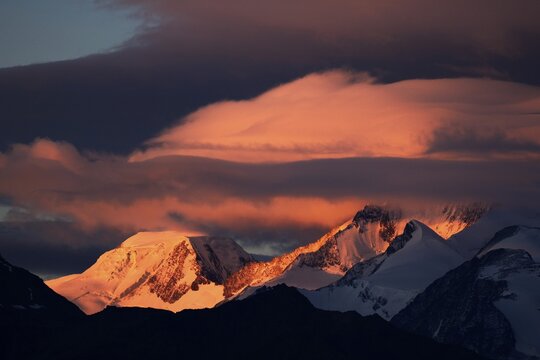 Cloudy mood over the snowy, Pennine Alps, Riederfurka, Canton of Valais, Switzerland