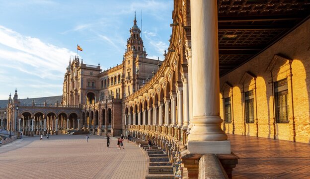 Portico at the Plaza de Espa&ntilde;a in the evening light, Seville, Andalusia, Spain