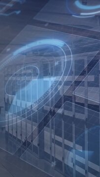 Vertical video: Locker bank staying in school corridor, system starting HUD moving across for scan