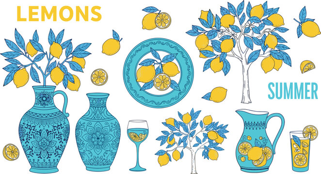 Lemon trees in vases and on plate with summer drinks and text lemons summer.