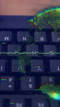Vertical video: Finger hovering, tapping keys, waveform responding and particles showing input data