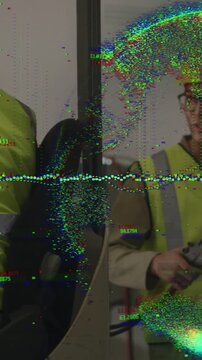Vertical video: Construction crew pausing, tech prepping cable plug for setup amid glitch overlay