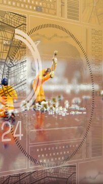 Vertical video: AR HUD animating, construction crew checking tool while worker passing, monitoring