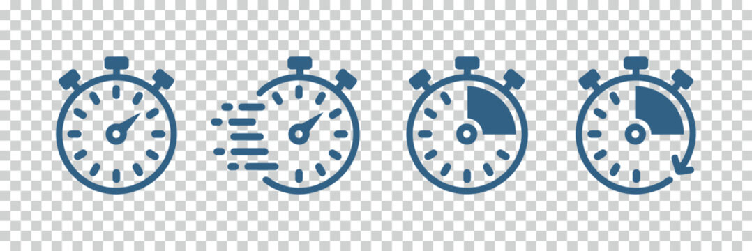 Vector graphic illustration of four blue stopwatch icons on a transparent background