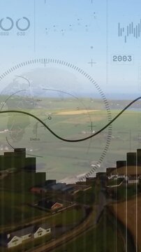 Vertical video: HUD activation sending onboard camera descending over coast fields, displaying data