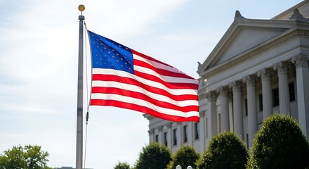 Fototapeta premium American flag waving, government building, federal architecture, patriotic symbol