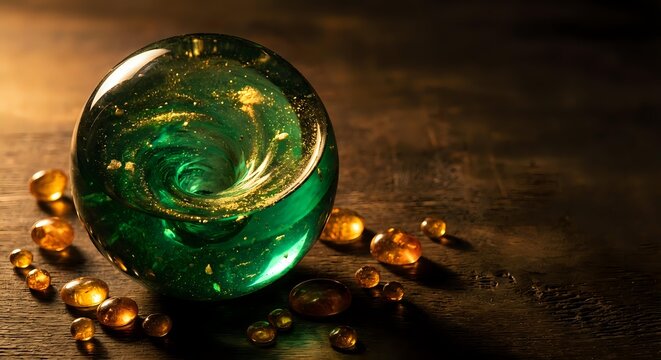 Green crystal ball with golden swirls on wooden surface surrounded by amber gems for fortune telling divination mystical spiritual practices.