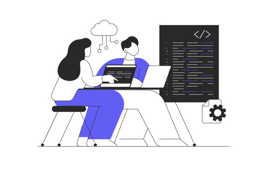 Software development, programming, coding. Man and woman programming and writing code, tests and fixes bugs, works on different screens. Flat Cartoon Vector Illustration, icon Stylish abstract design 