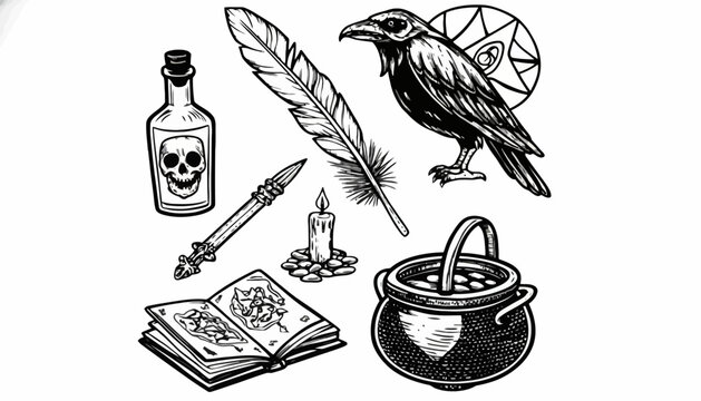 A mystical crow stands beside a cauldron and witchcraft symbols including a book and potion bottle in a spooky setting with a feather and candle.