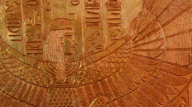 Isis Wall Carving on Golden Wall Tomb Macro Goddess Spread Wings Ancient Egypt