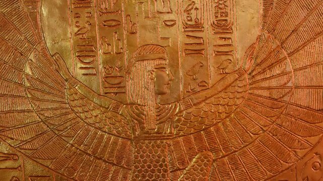Isis Wall Carving on Golden Wall Tomb Macro Goddess Spread Wings Ancient Egypt