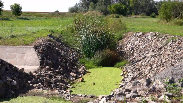 Ditch containing duckweed and water, bordered by rock riprap and green plants