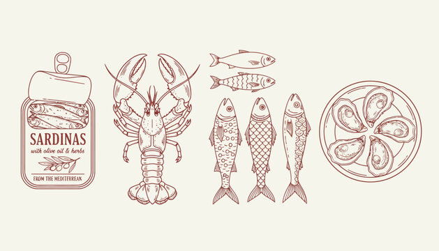 Seafood illustration set featuring a lobster, sardines can, fish, and a plate of lemons on a cream background with a fhj design