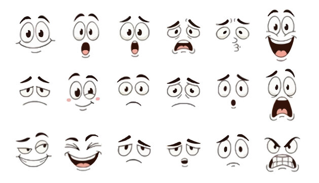 Collection of various cartoon faces with diverse expressions on white background fhj