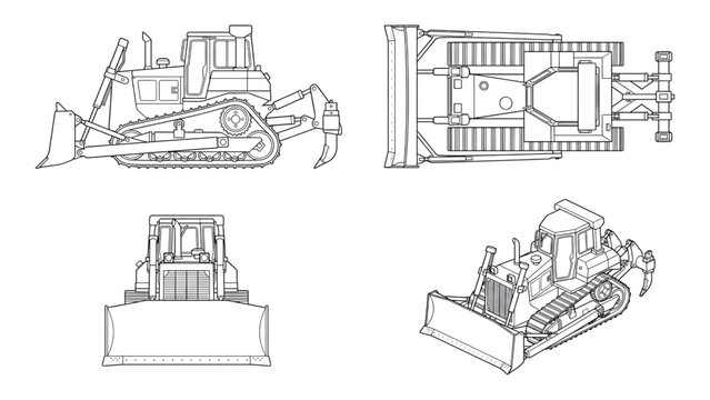 Modern Bulldozer Vector Set Side Top Front and Isometric CAD Outlines for Engineering Blueprints and Construction Fleet Management UI