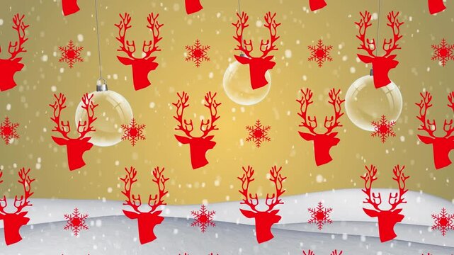 Animation of reindeer head repeated over christmas tree ornaments