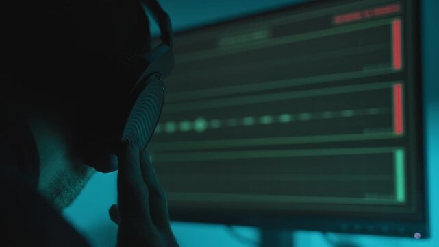 Sound recording software in dark studio or control room as man is listening in with headphones. Podcast or music session or criminal investigation and wiretapping operation by spy agency audio team
