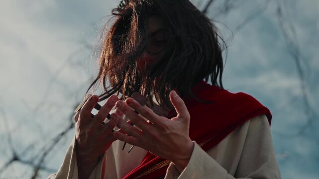 Closeup of Jesus Christ in red sash holding iron crucifixion nails in both open hands