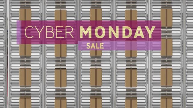 Animation of cyber monday text over cardboard boxes on conveyor belts in warehouse