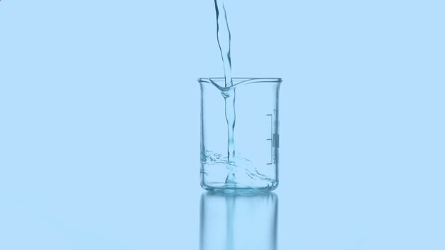 Animation of red shapes over reagent pouring into lab glass on blue background