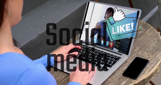 Animation of unk with cyber greetings text over smiling caucasian man using phone headset