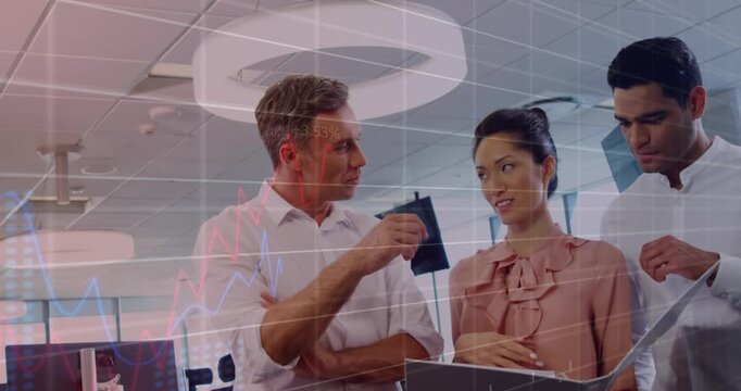Animation of data processing over diverse business people using phone headsets