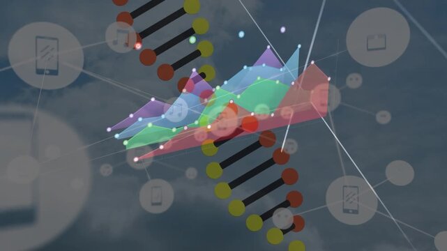 Animation of network of connections and data processing over cloudy sky