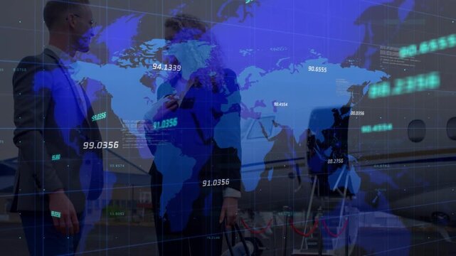 Animation of world map over two diverse business people