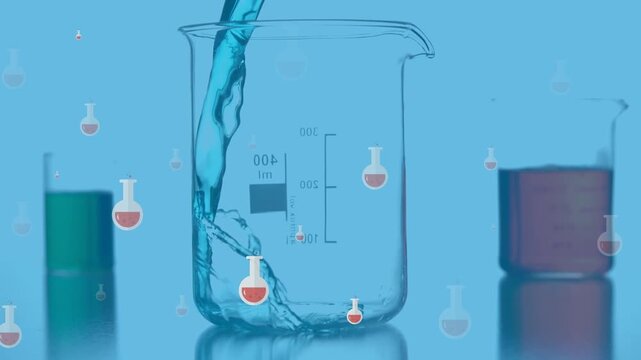 Animation of lab glasses over liquid pouring into lab glass on blue background