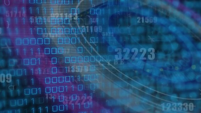 Animation of data processing and binary coding over blue eye