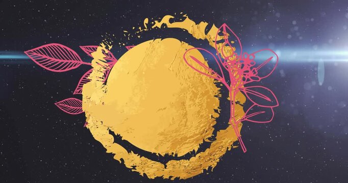 Animation of gold stamp over flowers and black background with light