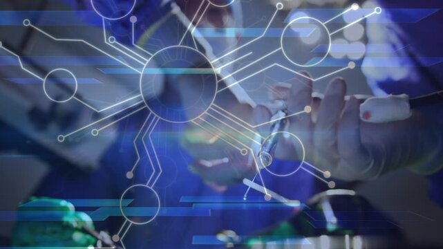 Animation of shapes moving over caucasian surgeons during surgery