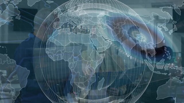 Animation of data processing and world map over diverse business people with face masks in office