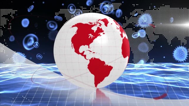 Animation of covid-19 cells floating over spinning globe and digital wave against world map