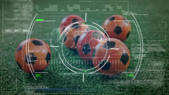 Animation of viewfinder and data processing on digital screen over soccer balls