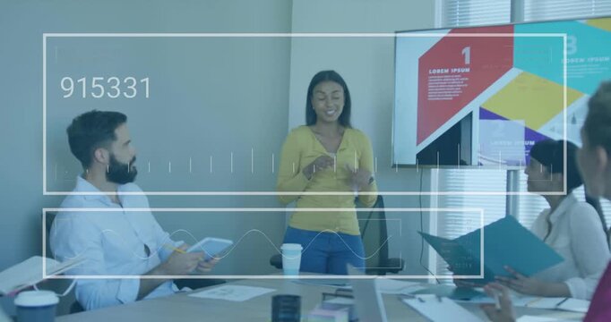 Animation of interface with data processing over woman giving a presentation at office