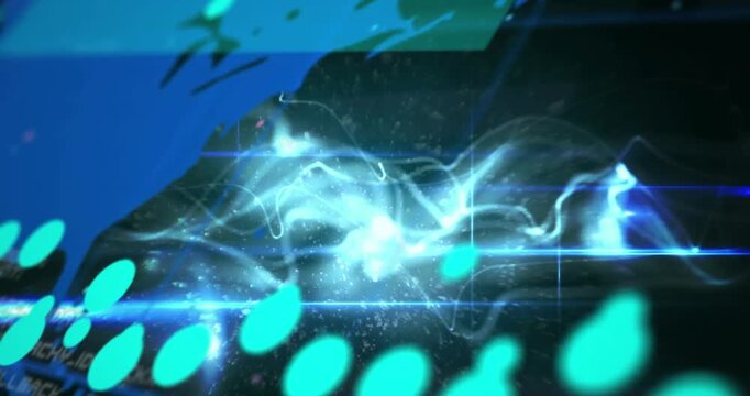 Animation of dots forming graph, numbers, abstract pattern and programming language over map