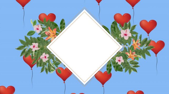 Animation of flowers and leaves around rhombus over flying heart shaped balloons on blue background