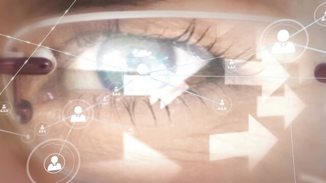 Animation of network of connections with icons and arrows over eye of caucasian woman