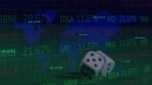 Animation of data processing and world map over dices