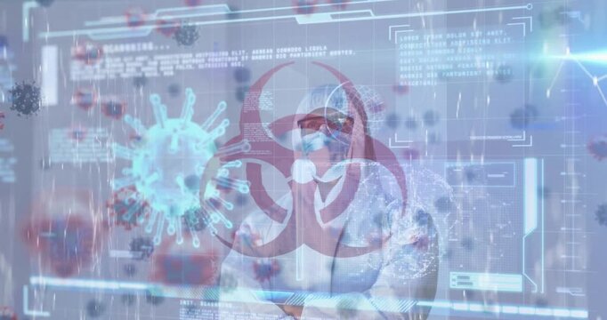 Animation of infected cells, explosive material hazard sign and data man wearing safety wear