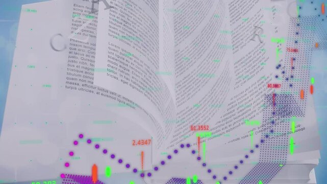 Animation of financial data processing over open book against blue background