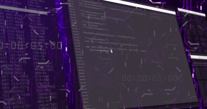 Video highlights coding process with neon circuit backdrop.
