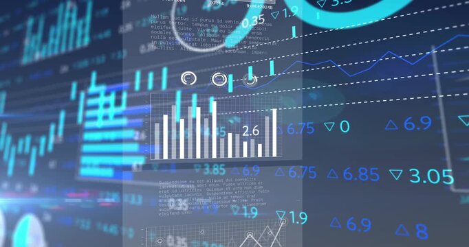 Animation of statistical and stock market data processing against blue background