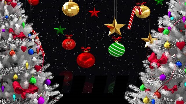 Animation of christmas trees, decorations and snow falling over winter scenery
