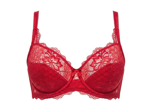 Red lace push-up bra with floral embroidery isolated on transparent background