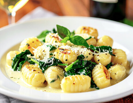 Creamy spinach and artichoke gnocchi, white plate, closeup. AI